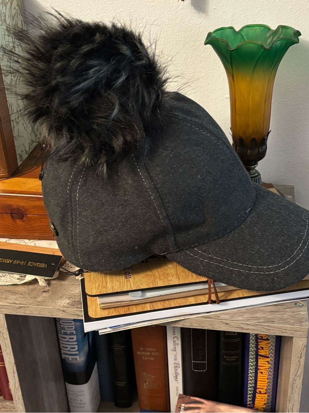 Versace Dark Gray Cap with Faux-Fur Pom